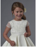 Cap Sleeves Beaded Satin Tea Length Wedding Flower Girl Dress 